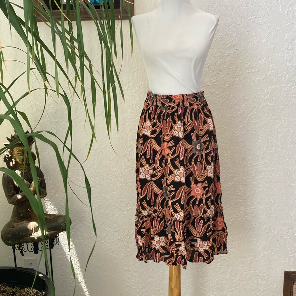 Christian Siriano Ruffled Pink Black Midi Floral Batik Crinkle Skirt